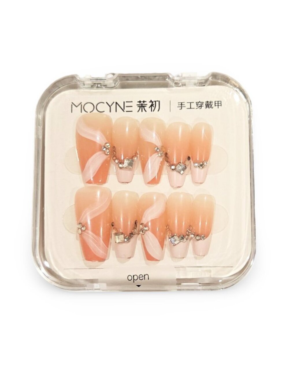 Peachy Pink Ombre Press On Nails Rhinestone Glossy Swirl Nail Set Classy Nails